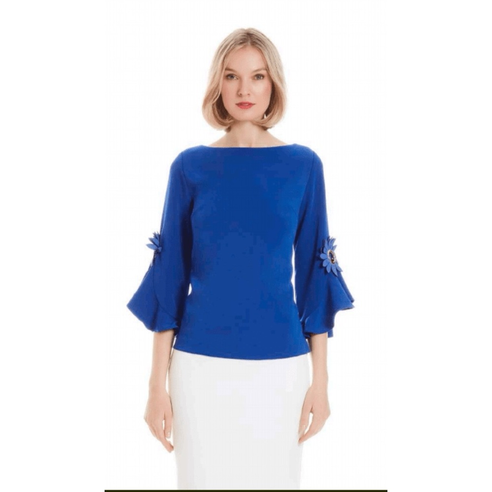 Norma Kamali Elegant Boat‎ Neck 3/4 Sleeve Top Blue Flare Ruffle Small